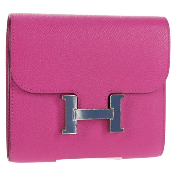 HERMES Constance Compact Wallet Leather Purple pink Auth 142362M - Picture 1 of 16